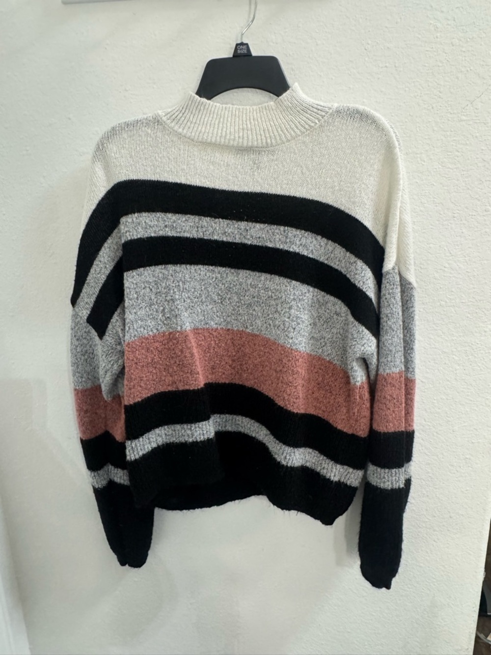 Cozy Striped Mock Neck Sweater - Black, Gray & Rose